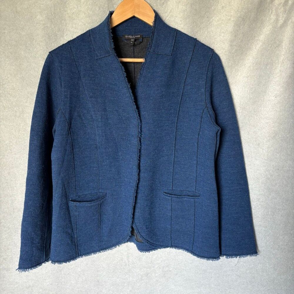 Eileen Fisher Blue Wool Snap Closure Fringe edges size PL - Picture 2 of 8